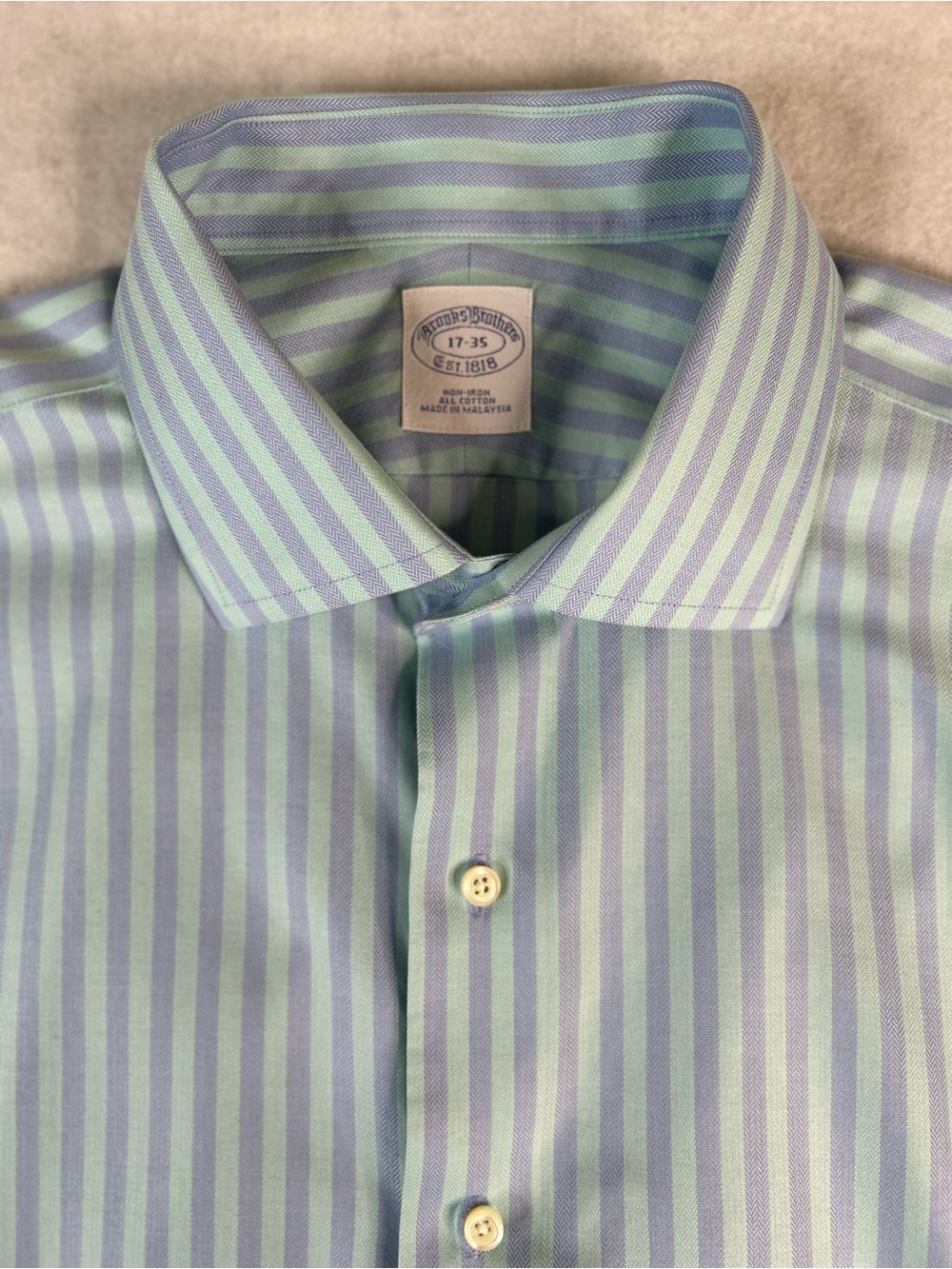 Brooks Brothers Shirt Men's 17-35 Blue/Green Stripe Non-Iron Regular Button-Up